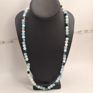 Elegant Black, Blue, & White Glass Beaded Necklace - 25" Mbarnes Productions